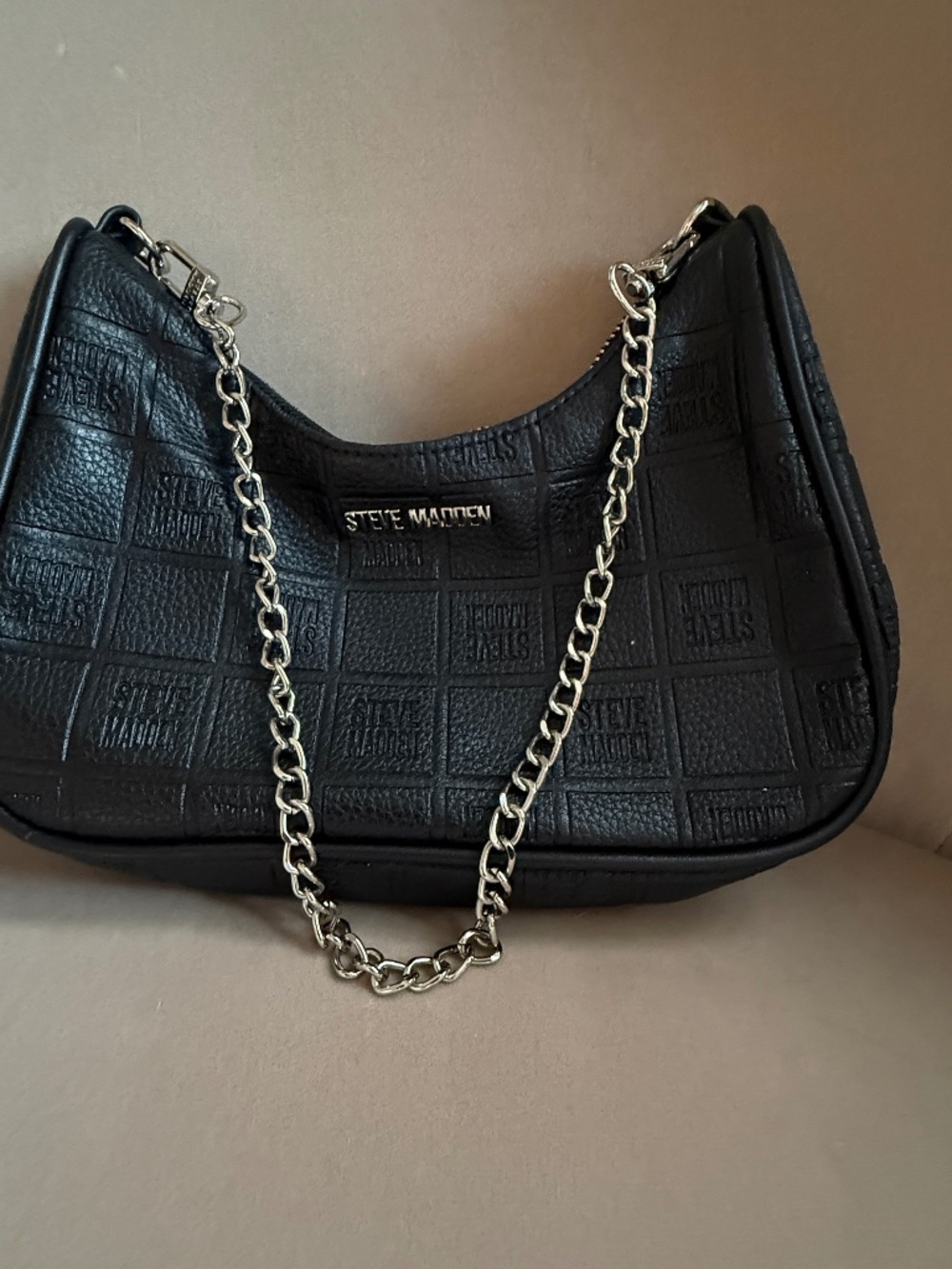 Share Steve Madden Black Shoulder Bag Embossed Logo Chain Strap Hobo Purse